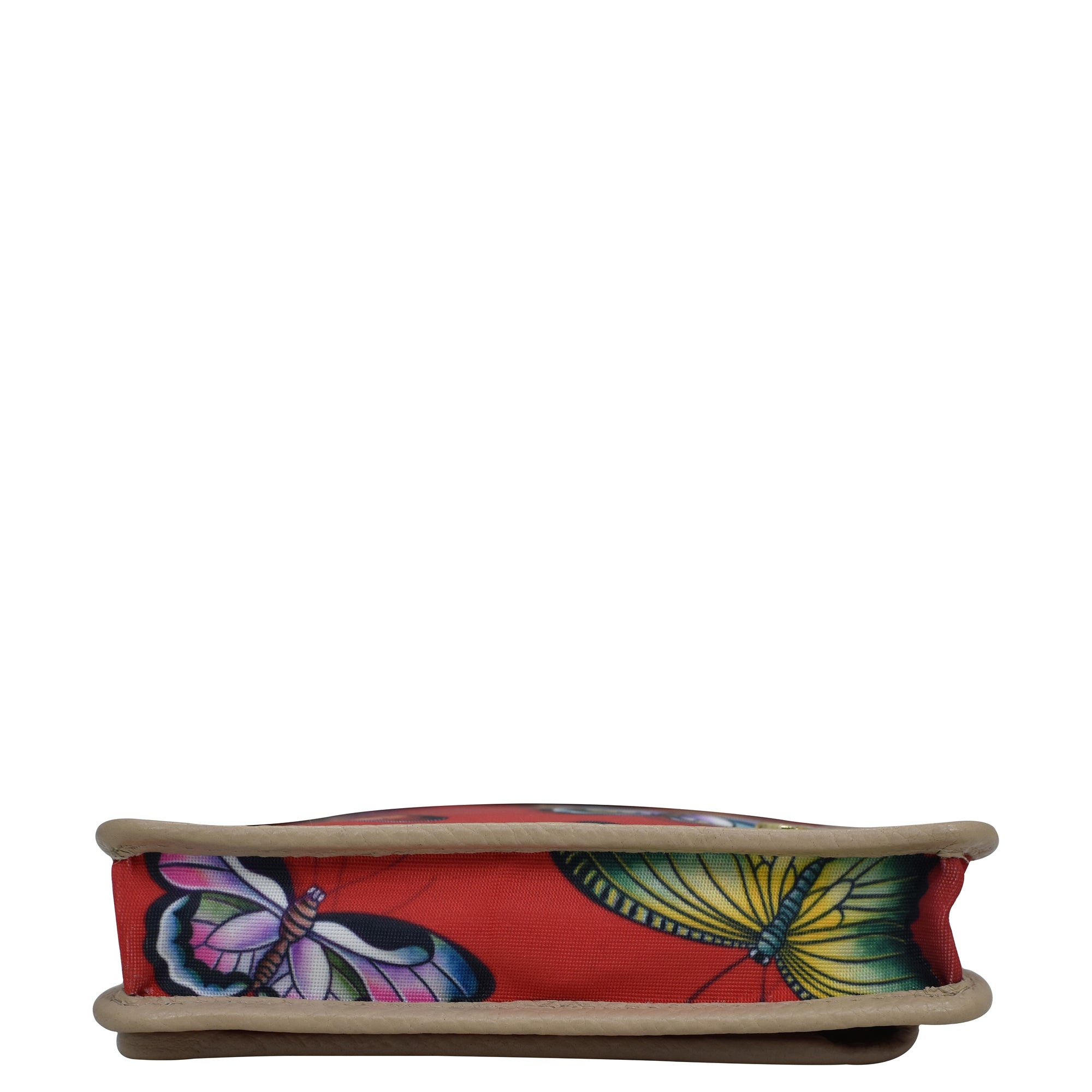 An Anuschka fabric-covered box with a butterfly pattern and RFID protection, isolated on a white background.