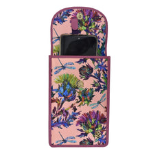 Load image into Gallery viewer, Anuschka Fabric with Leather Trim Cell Phone Crossbody Wallet - 13005 in a floral-patterned wallet case with RFID protection and a snap button closure.
