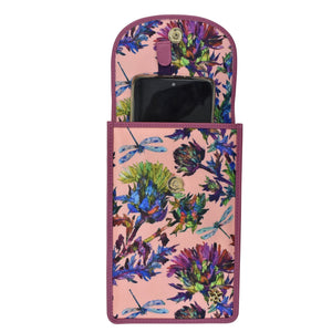 Anuschka Fabric with Leather Trim Cell Phone Crossbody Wallet - 13005 in a floral-patterned wallet case with RFID protection and a snap button closure.