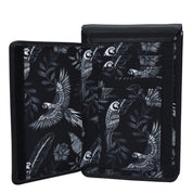 Anuschka's Fabric with Leather Trim Cell Phone Crossbody Wallet - 13005, with bird and leaf pattern design and RFID protection, open to show card slots.