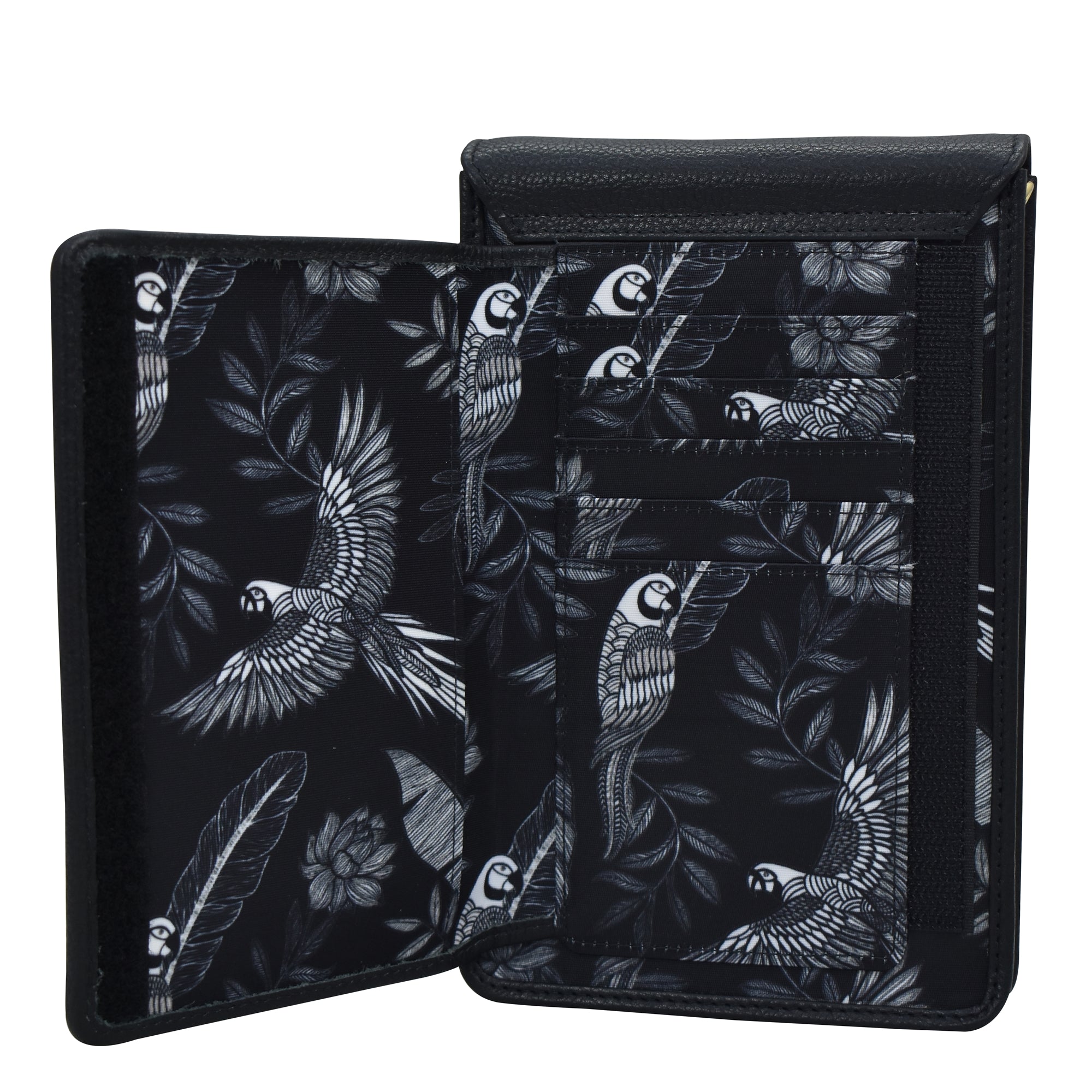Anuschka's Fabric with Leather Trim Cell Phone Crossbody Wallet - 13005, with bird and leaf pattern design and RFID protection, open to show card slots.