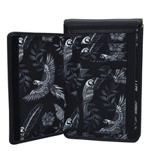 Load image into Gallery viewer, Anuschka&#39;s Fabric with Leather Trim Cell Phone Crossbody Wallet - 13005, with bird and leaf pattern design and RFID protection, open to show card slots.
