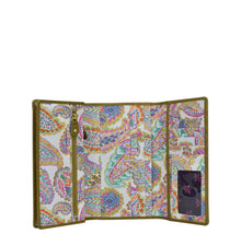 Load image into Gallery viewer, Colorful paisley-patterned Anuschka wallet, RFID protected, open with no visible contents.
