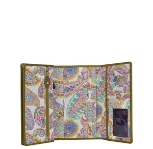 Colorful paisley-patterned Anuschka wallet, RFID protected, open with no visible contents.