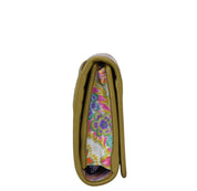 Side view of a closed Anuschka olive green Fabric with Leather Trim Three-Fold RFID Wallet - 13007 with card slots and a floral interior design.