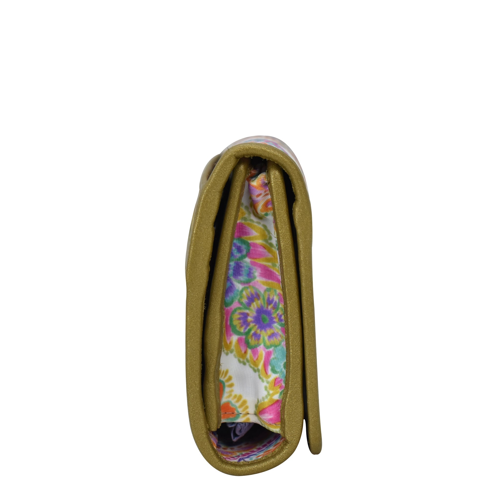 Side view of a closed Anuschka olive green Fabric with Leather Trim Three-Fold RFID Wallet - 13007 with card slots and a floral interior design.