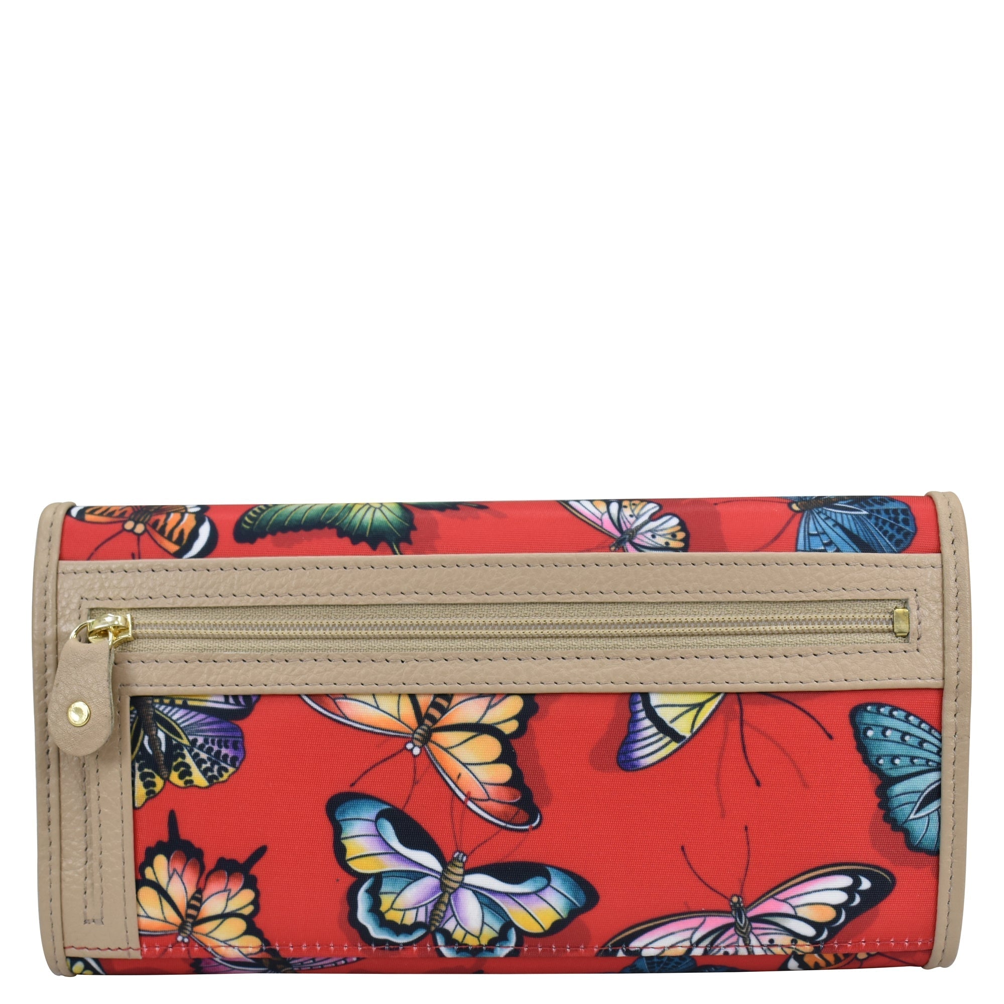 Butterfly Heaven Ruby Fabric with Leather Trim Three-Fold RFID Wallet - 13007