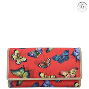 Butterfly Heaven Ruby Fabric with Leather Trim Three-Fold RFID Wallet - 13007