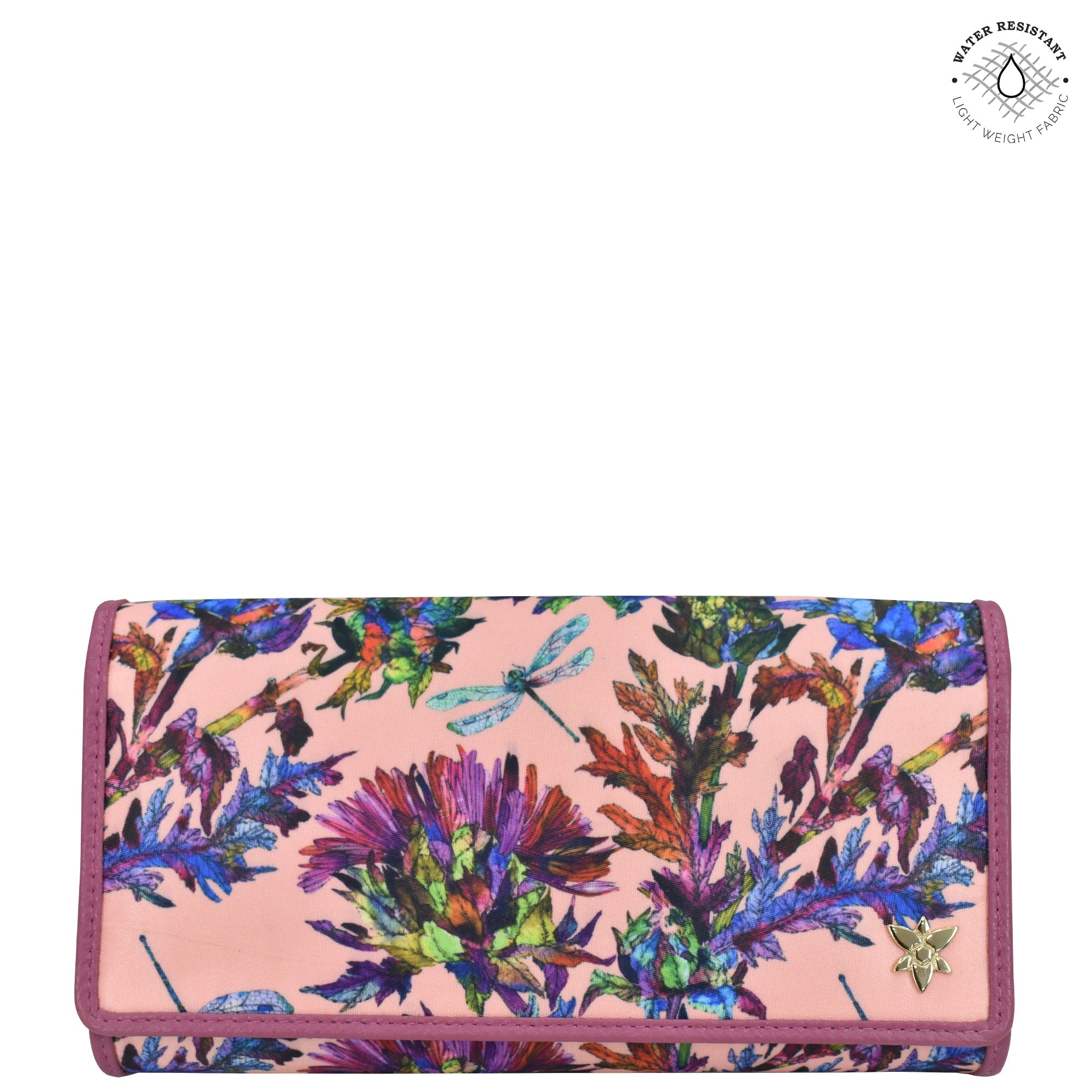 Dragonfly garden Fabric with Leather Trim Three-Fold RFID Wallet - 13007