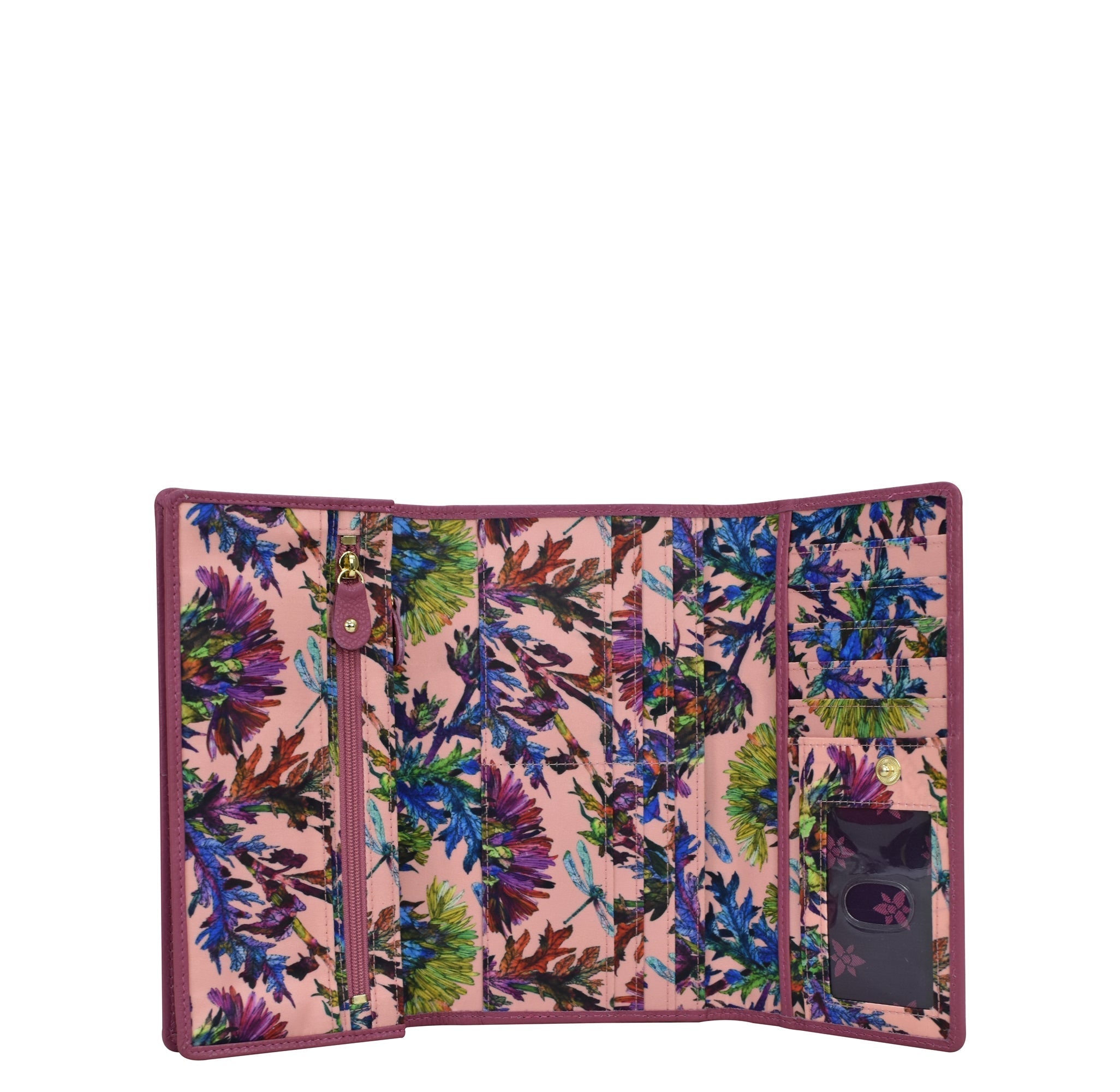 Open Anuschka Fabric with Leather Trim Three-Fold RFID Wallet - 13007 with multiple card slots, RFID protected, and a pink interior.