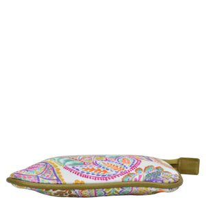 Colorful patterned Anuschka pouch with a top zip main compartment on a white background.