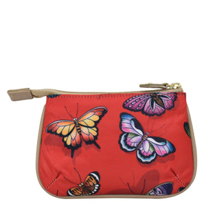 Butterfly Heaven Ruby Fabric with Leather Trim Zip Travel Pouch - 13008