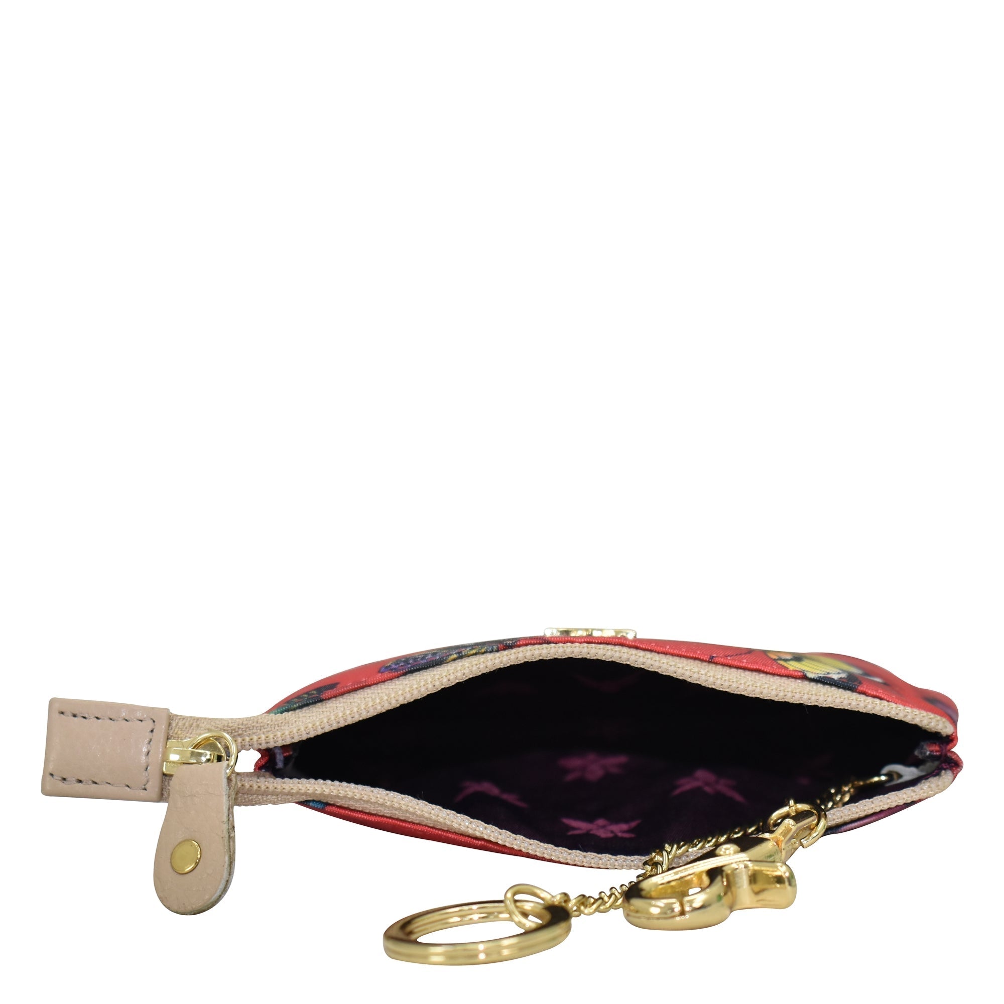 Small, patterned wristlet purse with zip entry, partially open, showing an empty main compartment - Anuschka Fabric with Leather Trim Zip Travel Pouch - 13008.