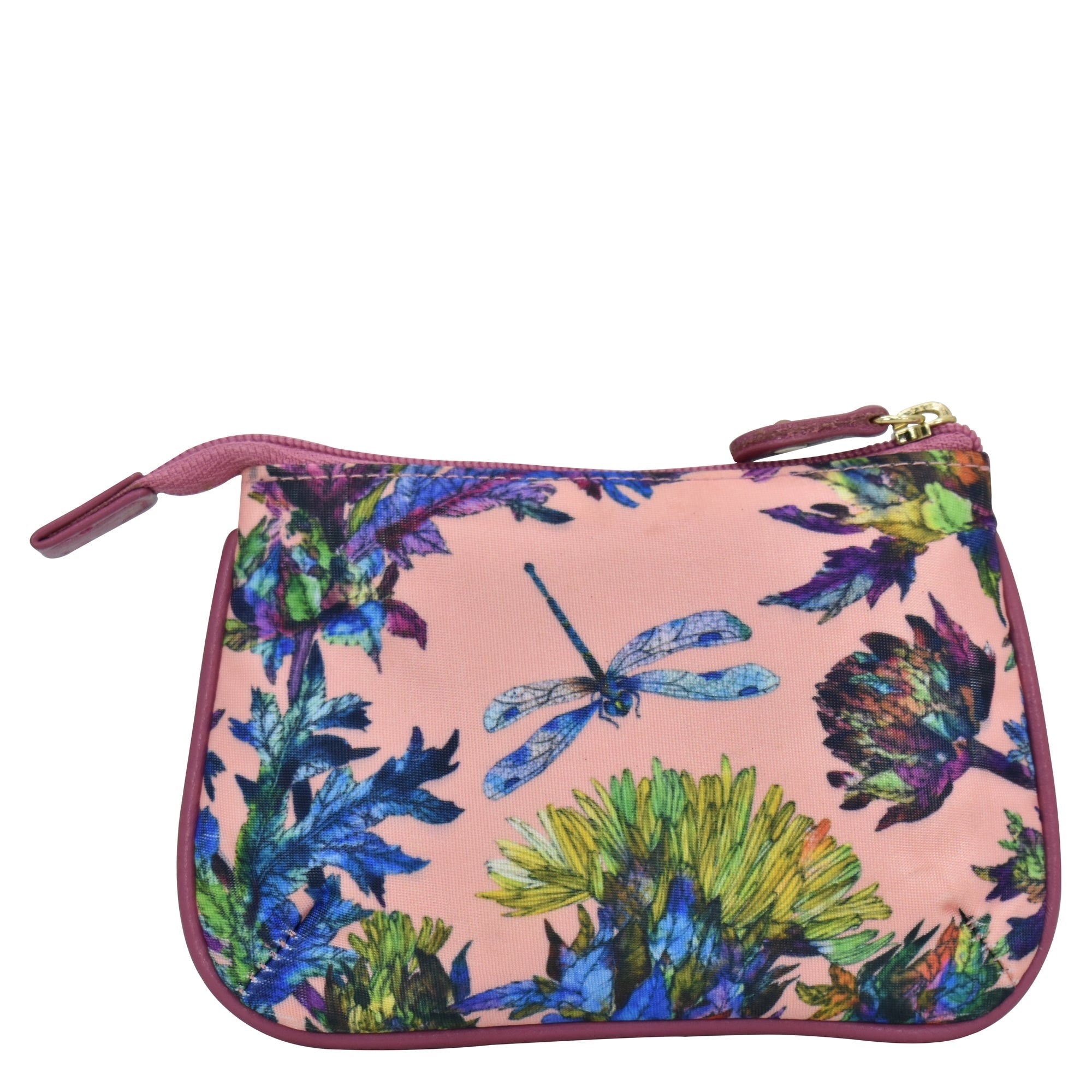 Dragonfly Garden Fabric with Leather Trim Zip Travel Pouch - 13008