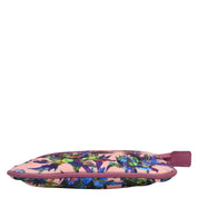 Colorful floral-patterned Anuschka fabric with leather trim zip travel pouch on a white background.