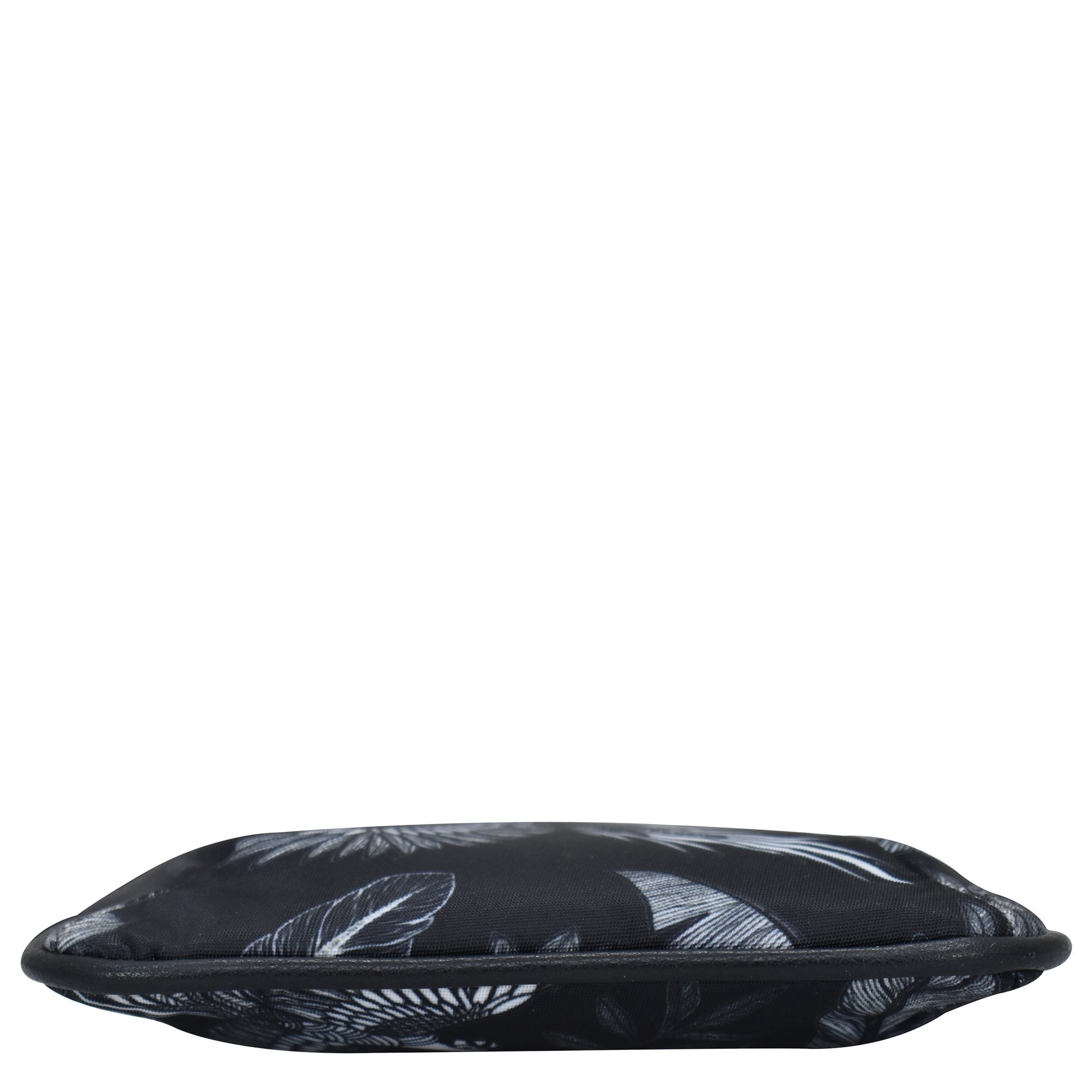 Anuschka Fabric with Leather Trim Zip Travel Pouch - 13008 with a leaf pattern and zip entry isolated on a white background.