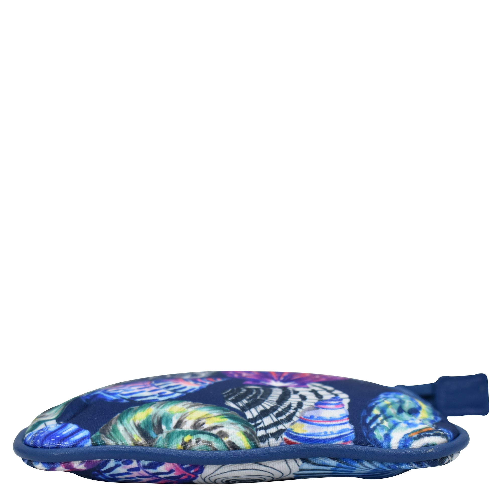 Colorful patterned Fabric with Leather Trim Zip Travel Pouch by Anuschka on a white background.