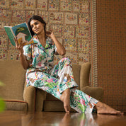 Anuschka’s women's pajamas set 3344 in African pattern over white made of silky recycled fabric.