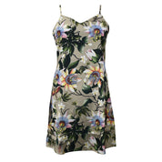 Sleeveless floral slip dress with a beige background displayed on a white background, the Slip Dress - 3346 from Anuschka.