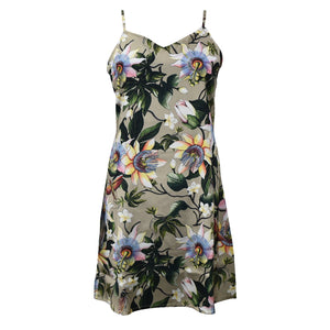 Sleeveless floral slip dress with a beige background displayed on a white background, the Slip Dress - 3346 from Anuschka.