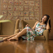 Anuschka’s women's loungewear slip dress 3346 in cream with bold patterns.