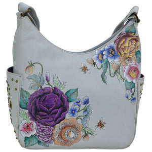 Floral Charm Classic Hobo With Studded Side Pockets - 433