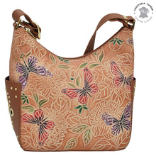 Load image into Gallery viewer, Anuschka Classic Hobo With Studded Side Pockets with Tooled Butterfly Multi painting
