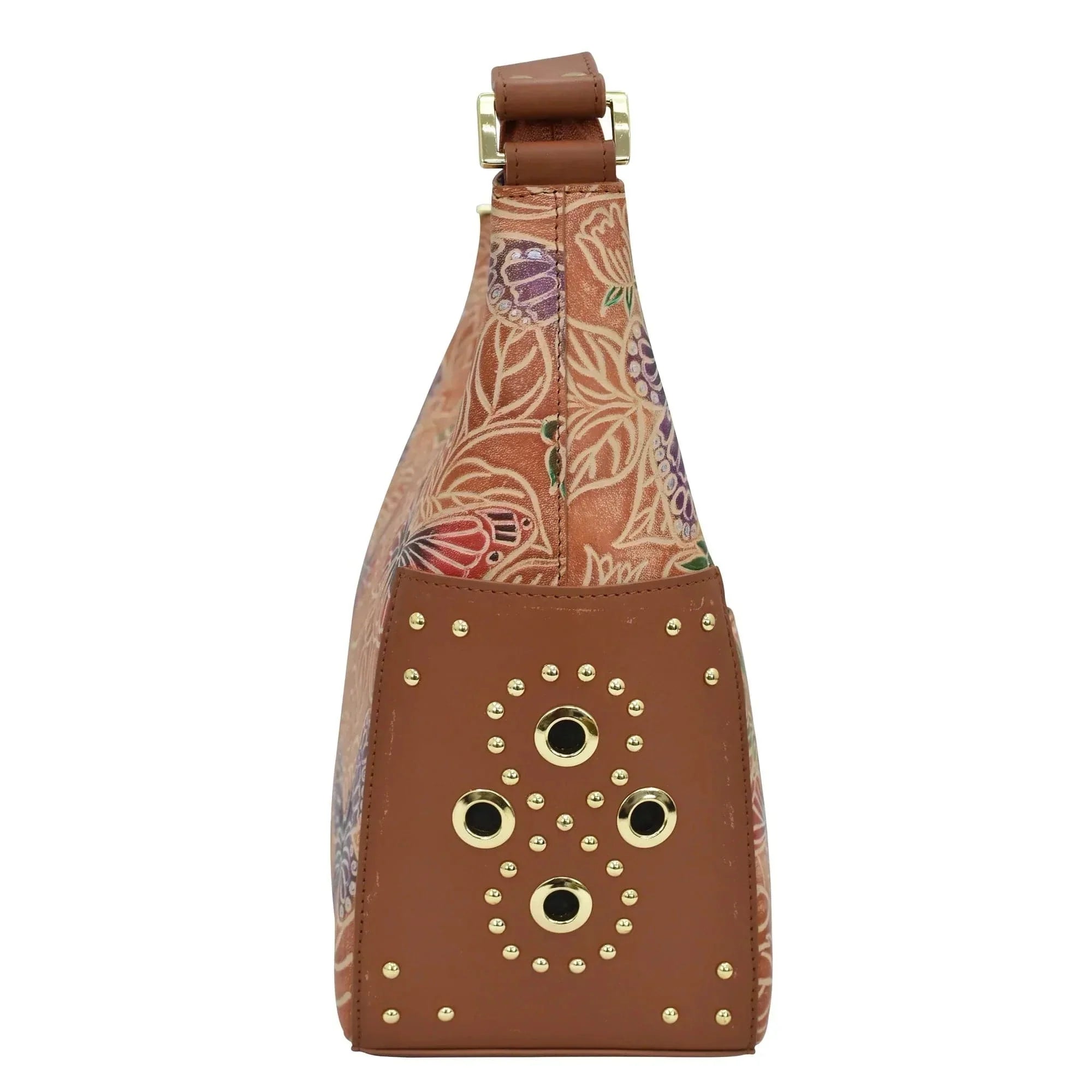 Embossed floral print Anuschka Classic Hobo With Studded Side Pockets - 433 genuine leather bag with adjustable strap.