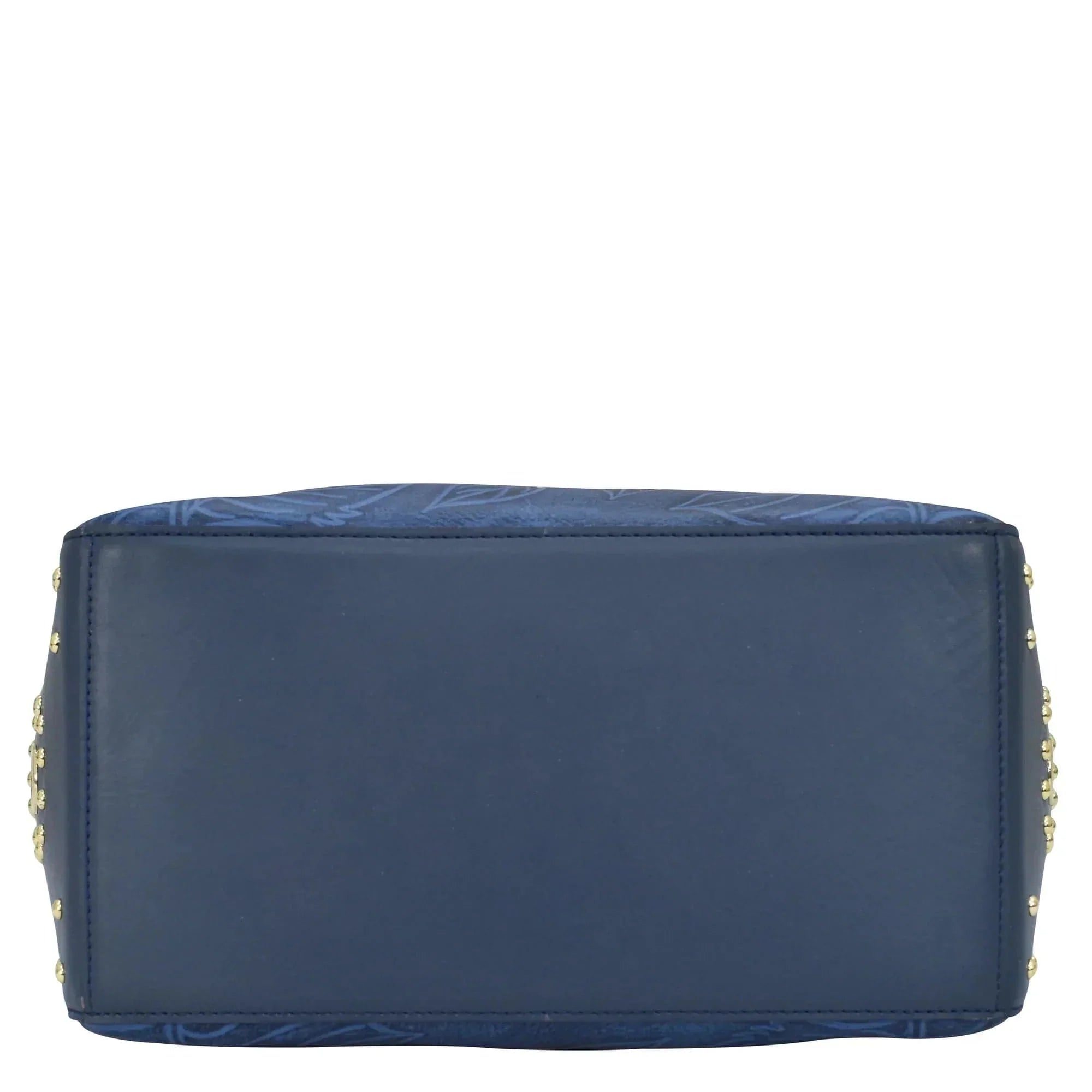 Anuschka Classic Hobo With Studded Side Pockets - 433 with blue leather wallet and gold stud detailing.