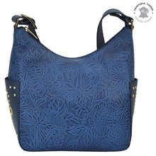 Load image into Gallery viewer, Anuschka Classic Hobo With Studded Side Pockets with Tooled Butterfly Ocean painting
