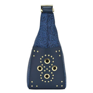 Anuschka Classic Hobo With Studded Side Pockets - 433 with navy blue leather crossbody bag with floral pattern and circular metallic embellishments.