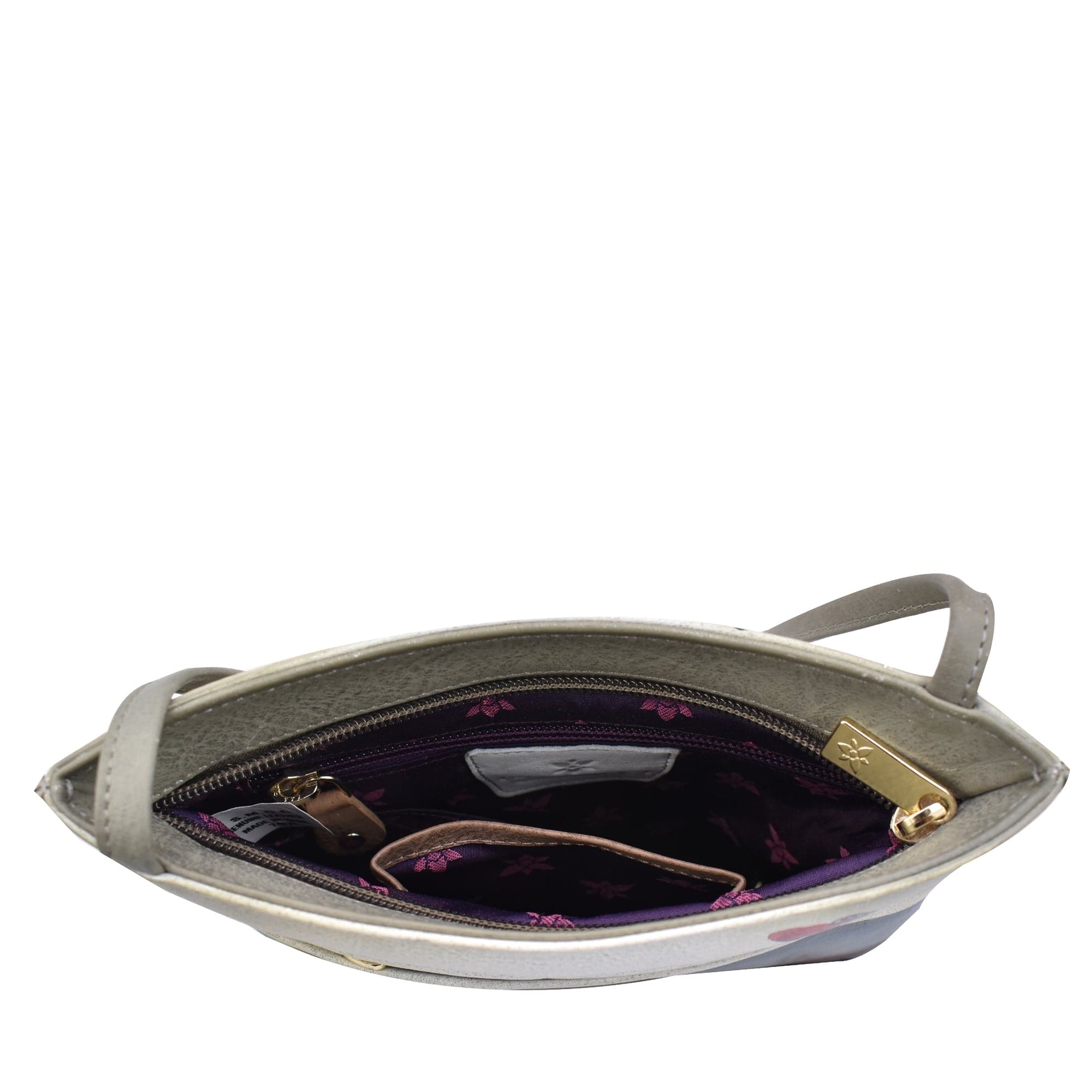 Open Anuschka slim crossbody with front zip - 452 in gray genuine leather handbag with a floral interior showing contents inside.