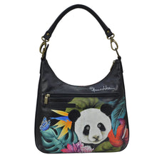 Load image into Gallery viewer, Anuschka Convertible Slim Hobo With Crossbody Strap - 662 featuring a panda and floral design with zippered pockets.
