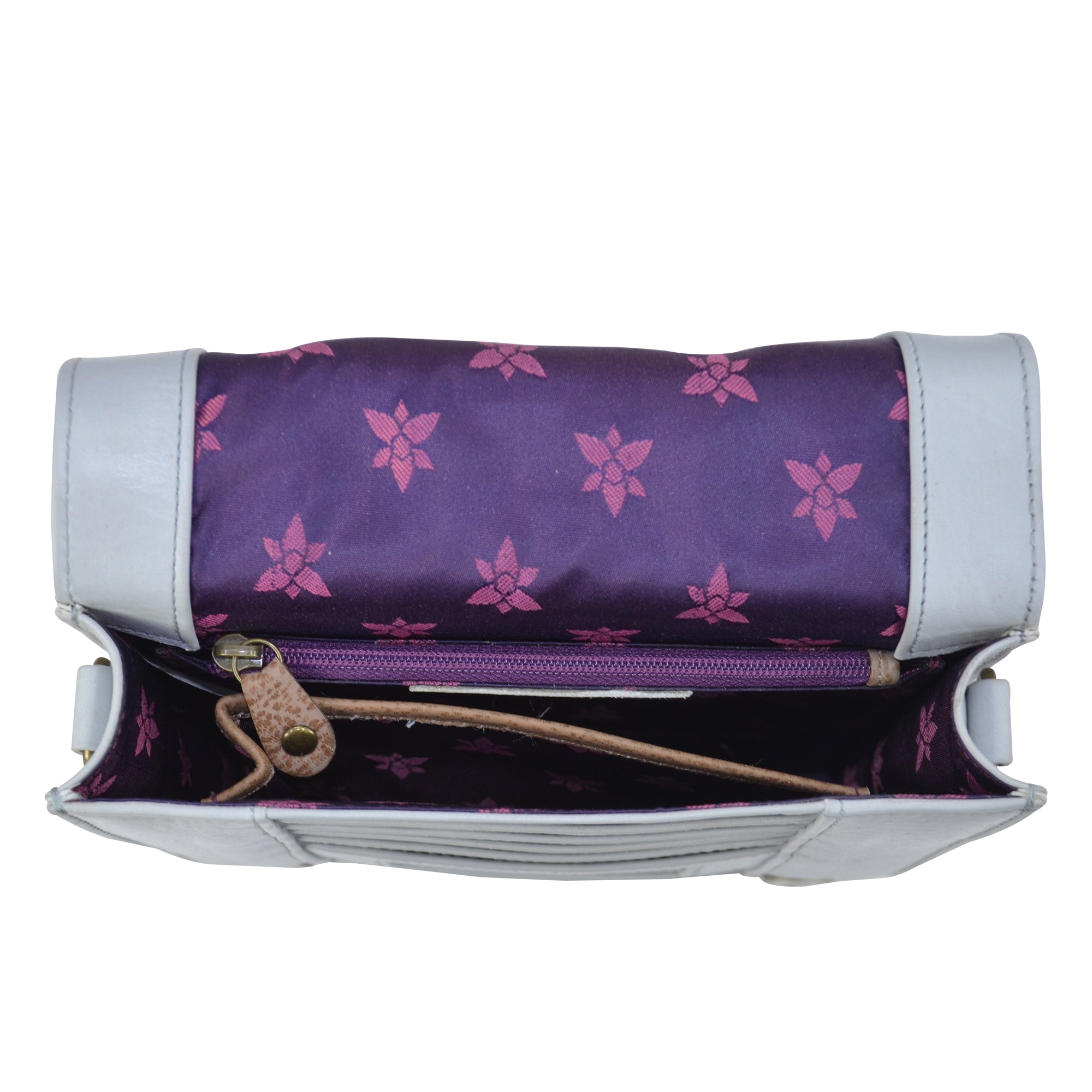 Open Small Messenger - 669 showcasing interior design and RFID protected credit card holders by Anuschka.