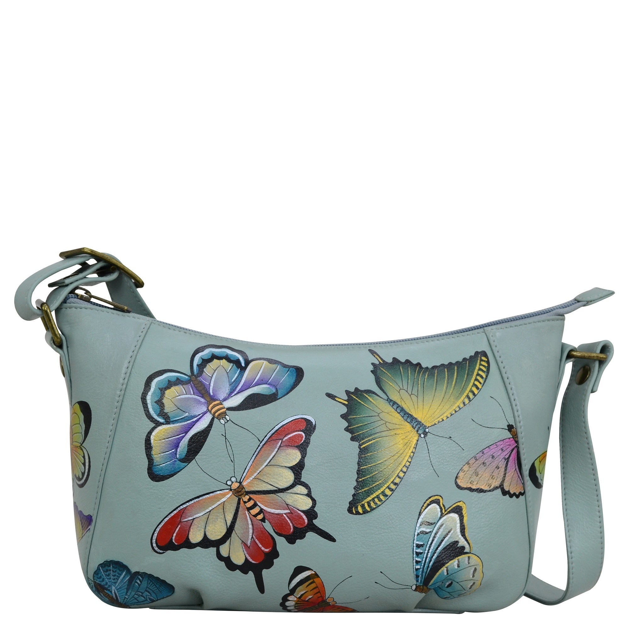 Anuschka Handpainted Leather Handbag Purse Flowers Butterfly shops Dragonfly