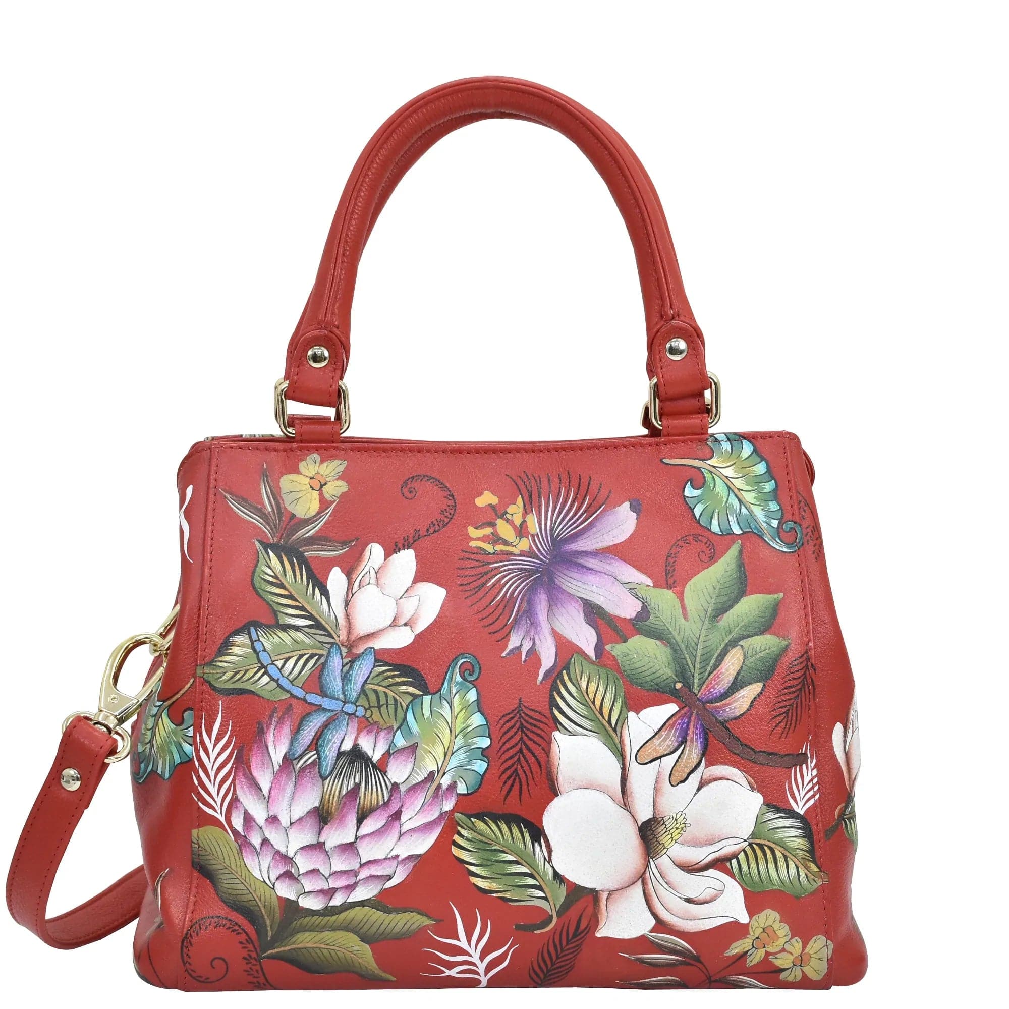 Anuschka Multi Compartment Satchel with Crimson Garden painting