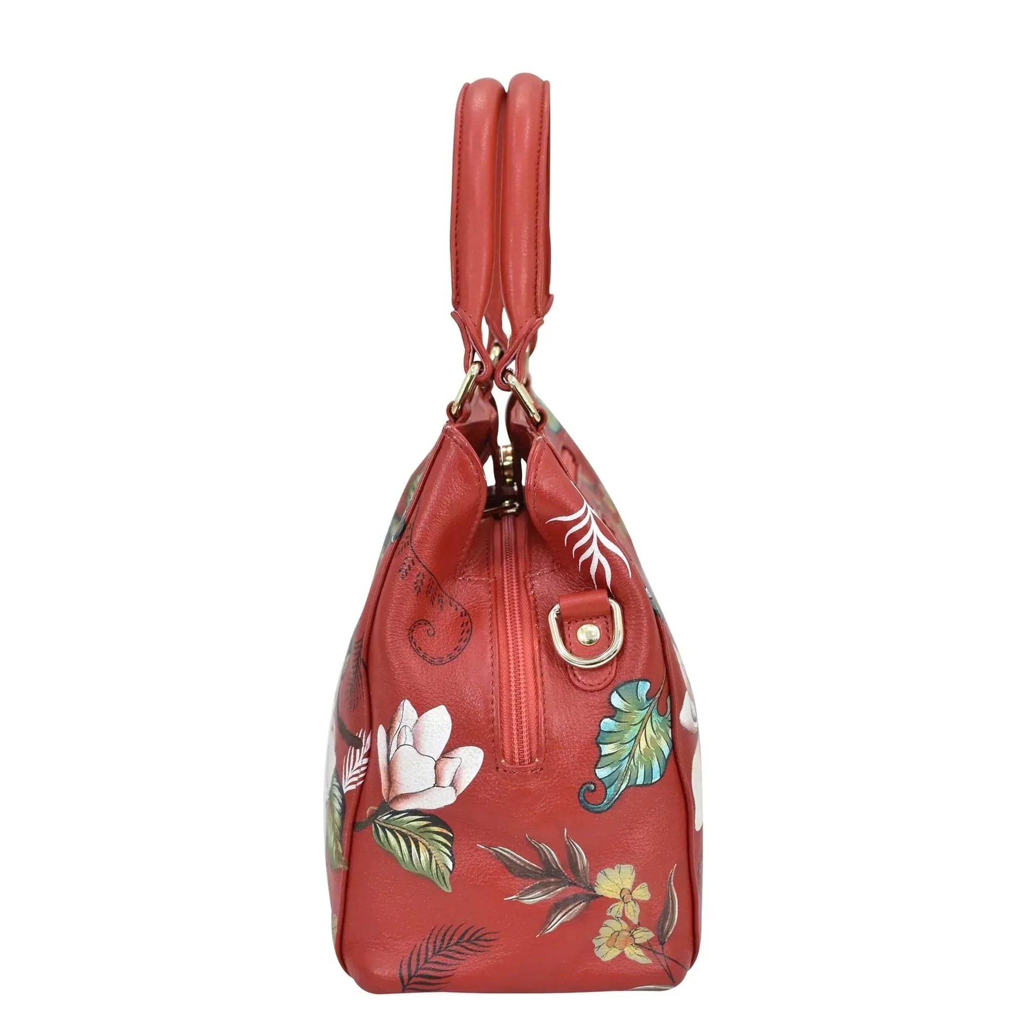 Anuschka Multi Compartment Satchel - 690 with hand-painted artwork featuring a floral pattern and an adjustable shoulder strap.