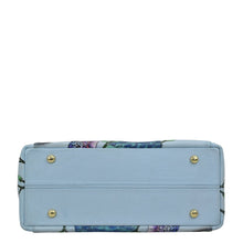 Load image into Gallery viewer, Blue floral-print leather Anuschka Multi Compartment Satchel - 690 on a white background.
