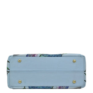 Blue floral-print leather Anuschka Multi Compartment Satchel - 690 on a white background.
