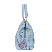 Load image into Gallery viewer, Light blue leather Multi Compartment Satchel - 690 by Anuschka, with a floral and jellyfish print design, featuring hand painted artwork.
