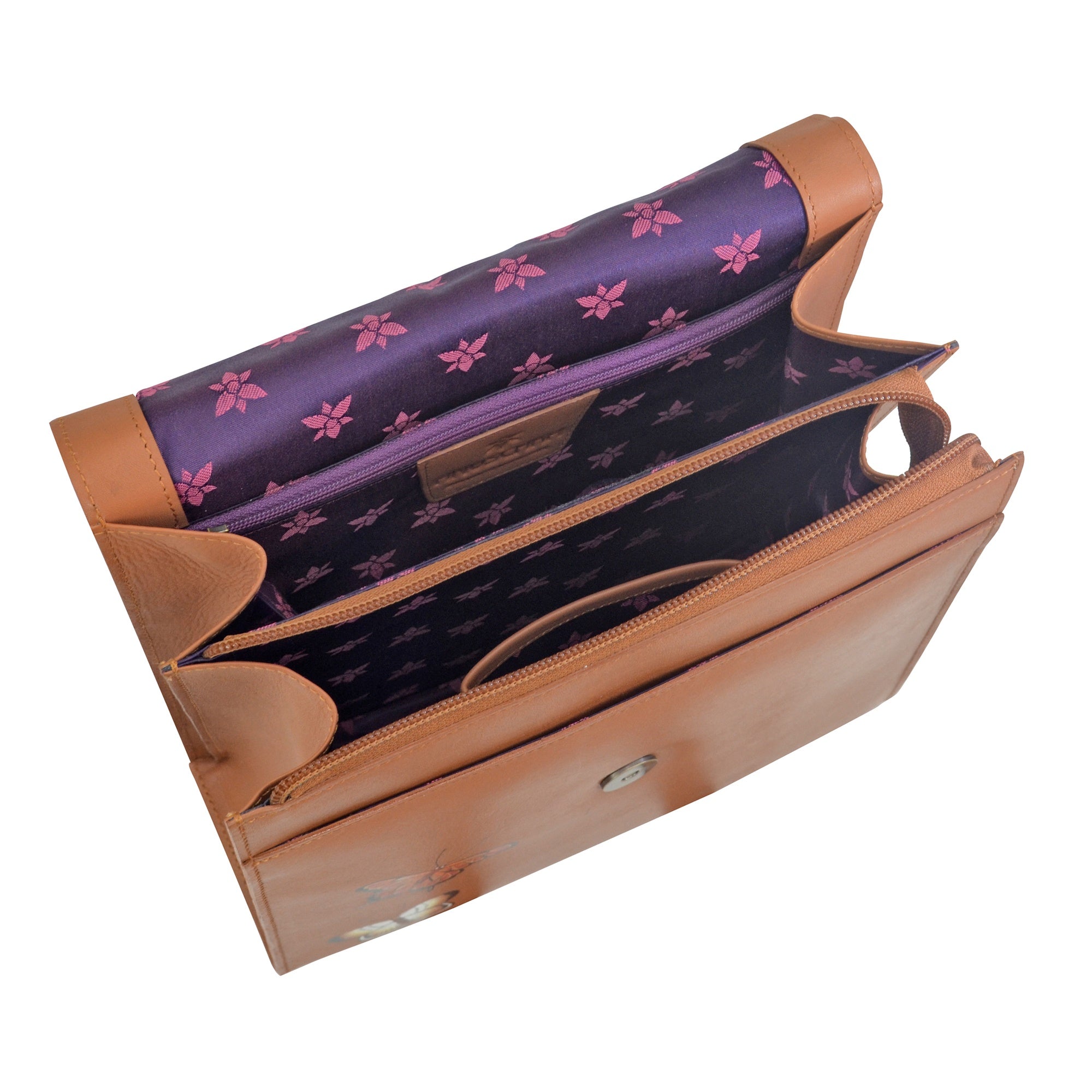 Anuschka's Flap Messenger Crossbody - 692 with RFID protection and multiple compartments open, revealing a purple floral pattern and brown interior.