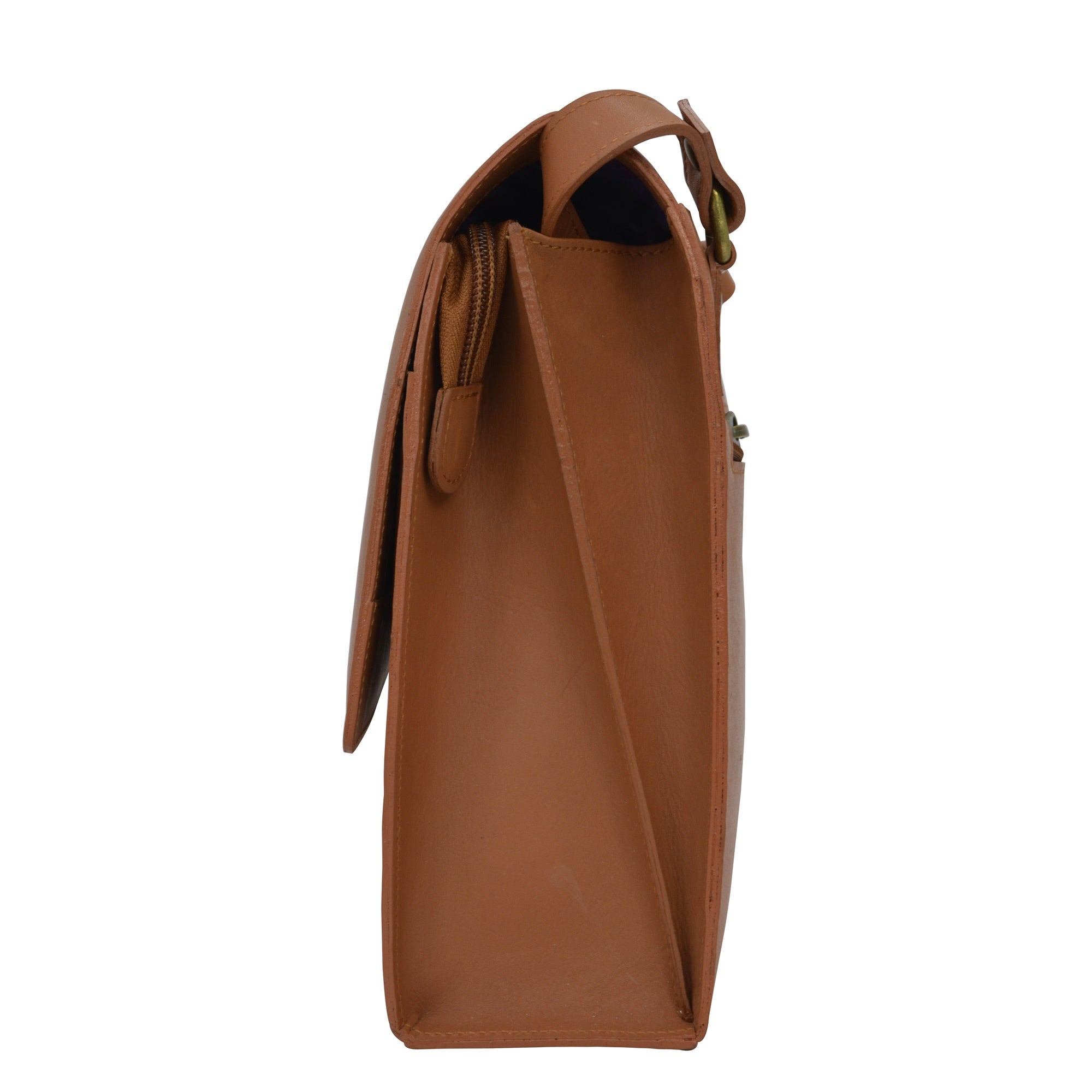 Side view of a closed brown leather Flap Messenger Crossbody - 692 handbag by Anuschka with RFID protection, featuring a visible handle and zipper.