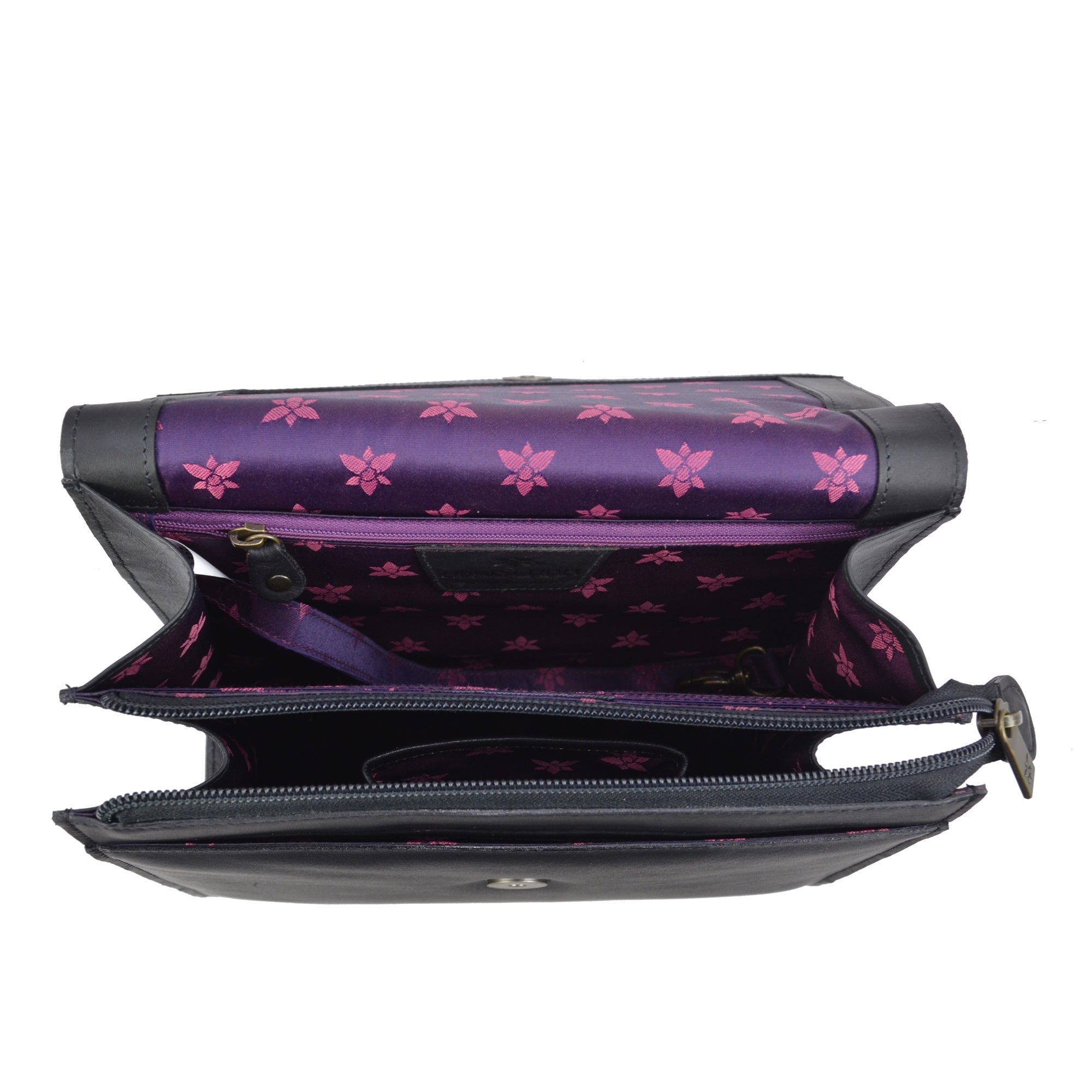 Open Anuschka black leather wallet with purple interior and a floral pattern.