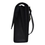 Side view of a black leather Flap Messenger Crossbody - 692 handbag by Anuschka with a shoulder strap and zipper closure.