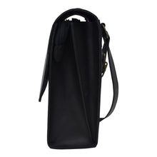 Load image into Gallery viewer, Side view of a black leather Flap Messenger Crossbody - 692 handbag by Anuschka with a shoulder strap and zipper closure.
