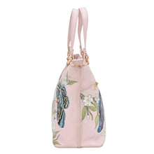 Load image into Gallery viewer, Pink leather Medium Tote - 693 with floral and butterfly embroidery and hand painted artwork on a white background by Anuschka.

