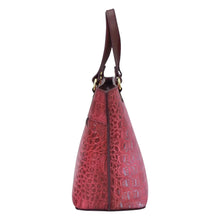 Load image into Gallery viewer, Red crocodile skin pattern Anuschka Medium Tote - 693 with a genuine leather brown strap, isolated on a white background.
