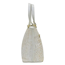Load image into Gallery viewer, White embossed leather Medium Tote - 693 by Anuschka with a shoulder strap and gold-tone hardware, featuring a zippered pocket, isolated on a white background.
