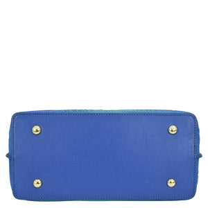Blue rectangular wallet with gold-tone studs and a zippered pocket on a white background from Anuschka's Medium Tote - 693 collection.