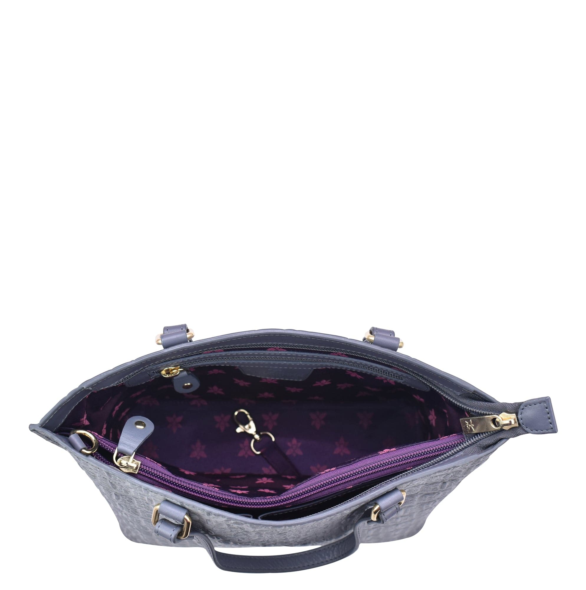 Anuschka Medium Tote - 693 with a gray leather exterior and a purple interior, the zipper partially open showing contents inside.